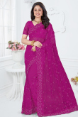Net Embroidered Dark Magenta Pink Saree For Sangeet