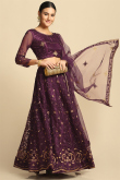 Net Embroidered Dark Wine Maroon Panelled Style Lehenga