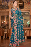 Net Embroidered Peacock Blue Saree