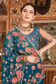 Net Embroidered Peacock Blue Saree