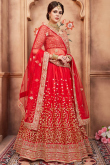 Net Embroidered Red Lehenga Choli