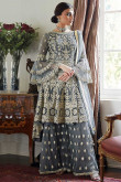 Net Embroidered Sharara Suit In Grey Colour