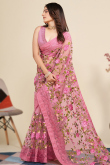 Net Lavender Pink Floral Resham Embroidered Saree 