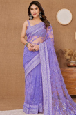 Net Lavender Purple Lace Embroidered Light Weight Saree