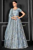 Net Light Blue Embroidered Flared Lehenga