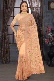 Net Light Peach Dori Embroidered Traditional Saree 