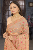 Net Light Peach Dori Embroidered Traditional Saree 