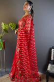 Net Light Red Embroidered Light Weight Saree