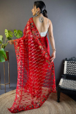 Net Light Red Embroidered Light Weight Saree
