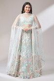 Net Mint Blue Embroidered Panelled Style Lehenga