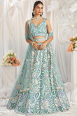 Net Mint Blue Embroidered Panelled Style Lehenga