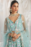 Net Mint Blue Embroidered Panelled Style Lehenga
