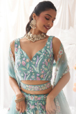 Net Mint Blue Embroidered Panelled Style Lehenga