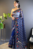 Net Navy Blue Embroidered Festival Wear Saree 