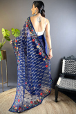 Net Navy Blue Embroidered Festival Wear Saree 