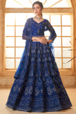 Net Navy Blue Stone Embellished Panelled Style Lehenga