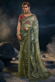 Net Olive Green Embroidered Saree