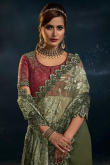 Net Olive Green Embroidered Saree