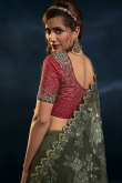 Net Olive Green Embroidered Saree