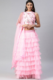 Net Pale Pink Resham Embroidered Layered Style Lehenga