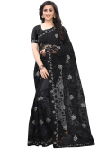Net Party Wear Saree In Black Color With Stone Work