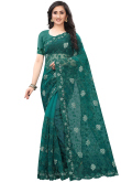 Net Party Wear Saree In Bottle Green Color