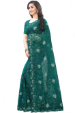 Net Party Wear Saree In Bottle Green Color