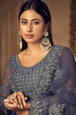 Net Pastel Dark Blue Dori Embroidered Panelled Style Lehenga 