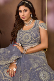 Net Pastel Dark Blue Panelled Style Embroidered Lehenga