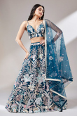 Net Peacock Blue Embroidered Panelled Style Lehenga