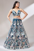 Net Peacock Blue Embroidered Panelled Style Lehenga