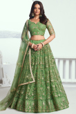 Net Pistachio Green Embroidered Flared Style Lehenga