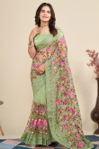 Net Pistachio Green Resham Embroidered Floral Saree 