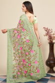 Net Pistachio Green Resham Embroidered Floral Saree 