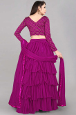 Net Plum Purple Zari Embroidered Layered Style Lehenga 