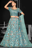 Net Powder Blue Embroidered Flared Lehenga