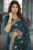 Net Prussian Blue Festival Wear Embroidered Saree 