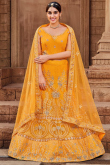 Net Resham Embroidered Mustard Yellow Panelled Style Lehenga