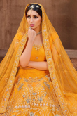Net Resham Embroidered Mustard Yellow Panelled Style Lehenga