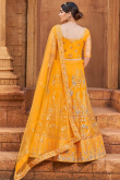 Net Resham Embroidered Mustard Yellow Panelled Style Lehenga