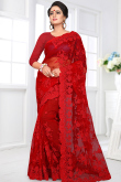 Net Resham Embroidered Red Heavy Saree
