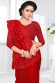 Net Resham Embroidered Red Heavy Saree