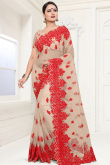 Net Resham Thread Embroidered Beige Light Weight Saree