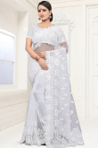 Net Resham Thread Embroidered White Light Weight Saree