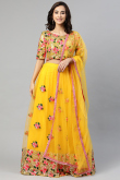 Net Resham Thread Embroidered Yellow Flared Lehenga