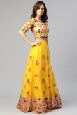 Net Resham Thread Embroidered Yellow Flared Lehenga