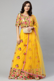 Net Resham Thread Embroidered Yellow Flared Lehenga