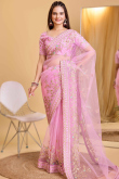 Net Rose Pink Embroidered Light Weight Saree