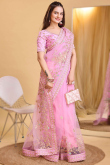 Net Rose Pink Embroidered Light Weight Saree