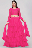 Net Rose Pink Zari Embroidered Layered Style Lehenga 